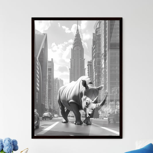 A Rhinoceros walking across a street next to tall buildings, a black and white photo, no man, featured on cg society, surrealism, surrealist, ambient occlusion, behance hd ,Water - a statue of a rhinoceros crossing a street in a city