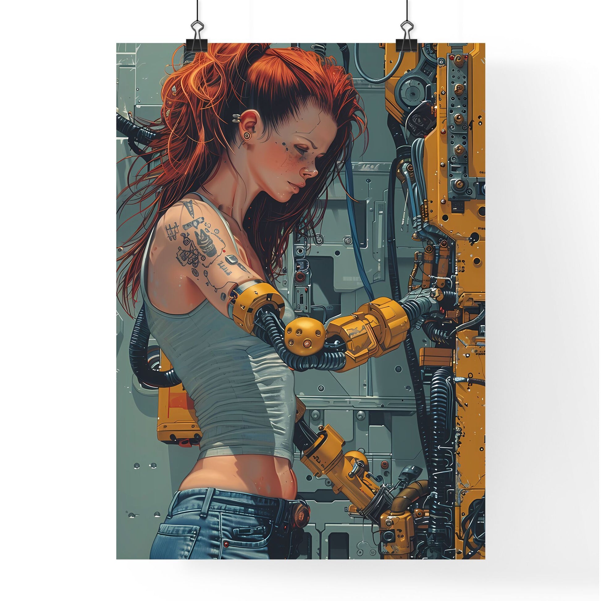 Sci-Fi Muscular Woman with Tattoos, Robotic Arm, Broken Machine, Mechanized Precision, Detailed Painting Default Title