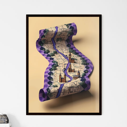 Isometric Purple-Hued Paper City Map with Checkered Pattern and Clip Wall Art