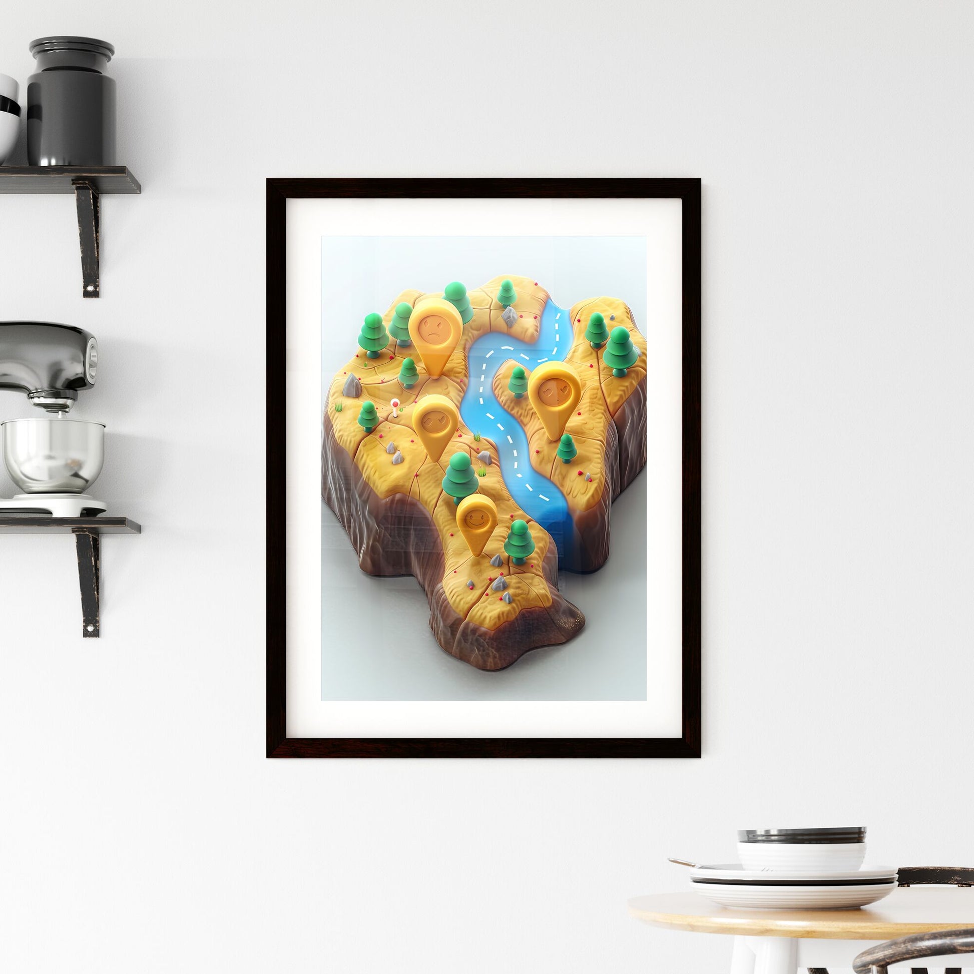 3D topography map with tree and river painting, high quality, vibrant, modern art Default Title