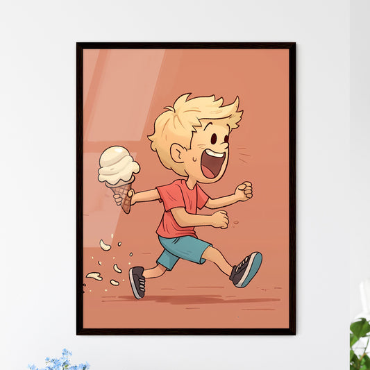 Blond boy running with ice cream cone, 50s style lithograph, vibrant painting with flat color background - A fun, nostalgic artwork! Default Title