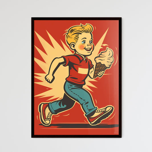 Colorful cartoon: Blond boy runs with ice cream cone in 50s style lithograph block print Default Title