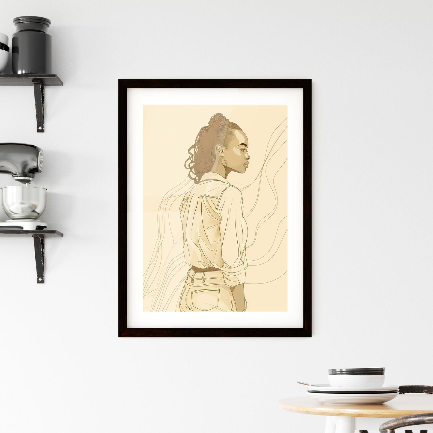 Bold Line Art of an African Woman's Graceful Hips in Vibrant Harmony, Minimalist White Background, Celebrating the Beauty of Femininity and Culture Default Title