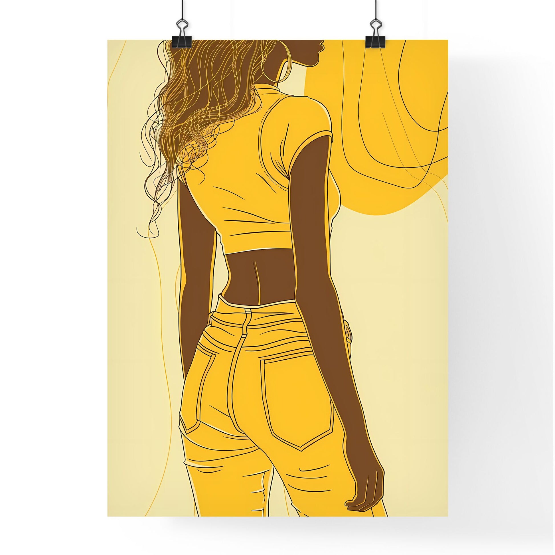 Vibrant African Woman Hips Line Drawing: Single Continuous Line Art Harmony Minimalism Yellow Shorts Art Focus Default Title