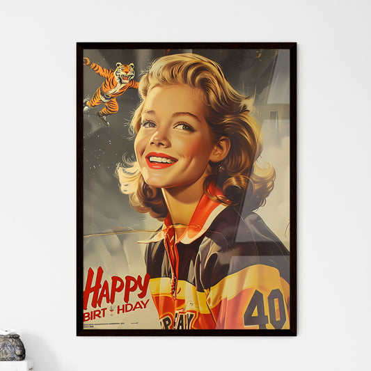 Vintage 1960s Happy Birthday Ice Hockey Ad: Blonde Princess in Tiger Uniform Laughing, Riding Flying Tiger with Wings Default Title
