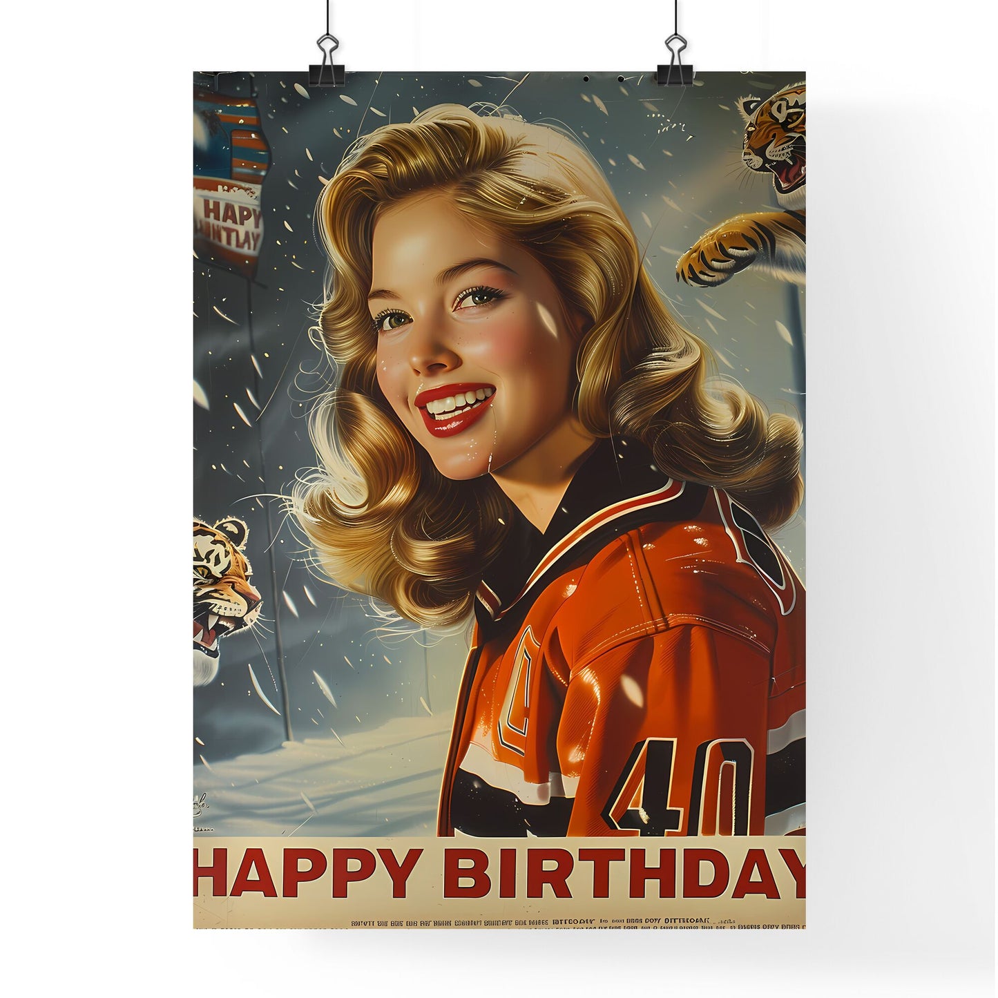 Vintage 1960s Happy Birthday Ice Hockey Ad: Blonde Princess, Tiger Logo, 1970s Illustration, Flying Tiger with Wings. Expertly Illustrated! Pink 40 Above. Red, White, Yellow Packaging. Artistic Vintage Advertising Poster! Default Title