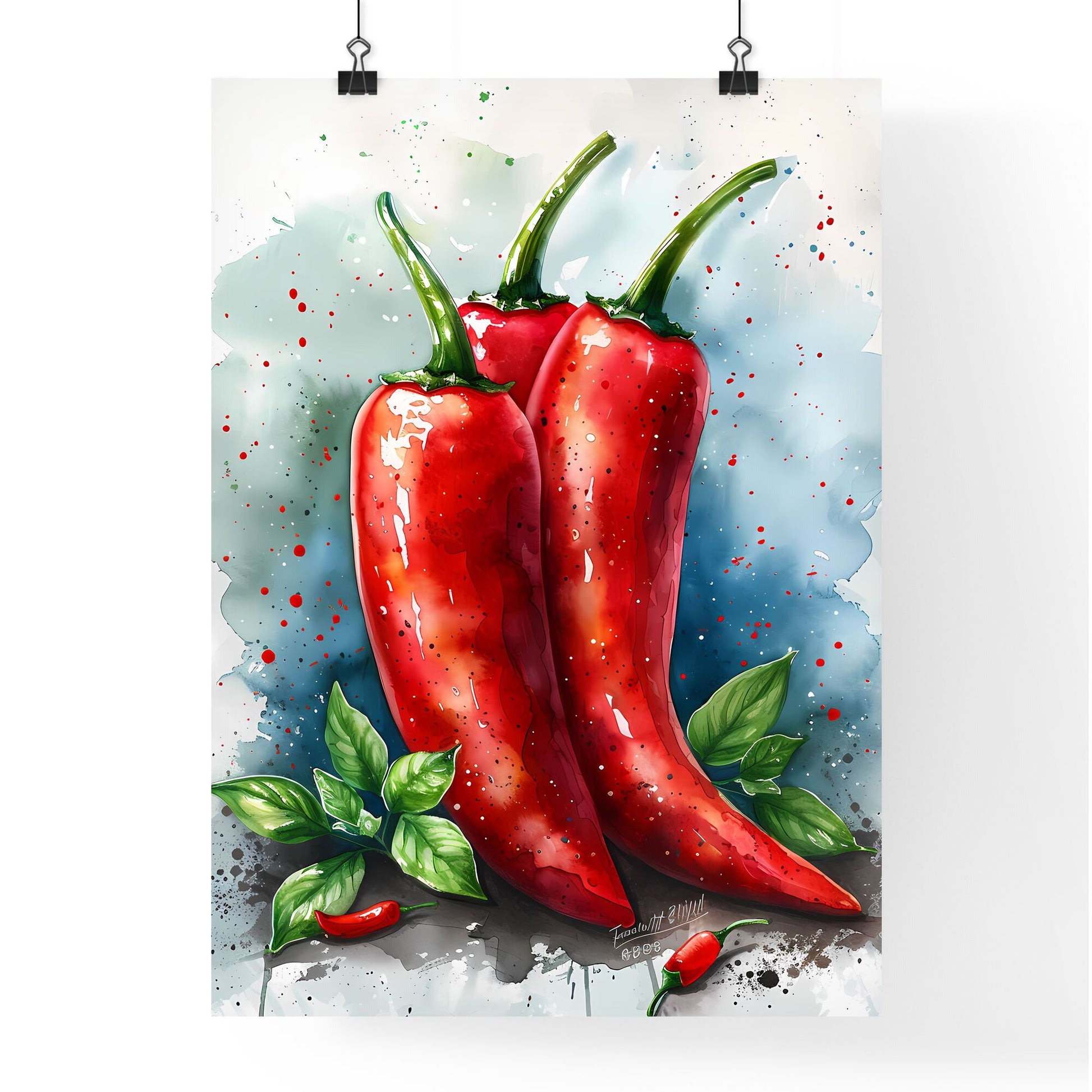 Expressive Watercolor Painting of Red Chili Peppers with Lush Green Leaves on White Background Default Title