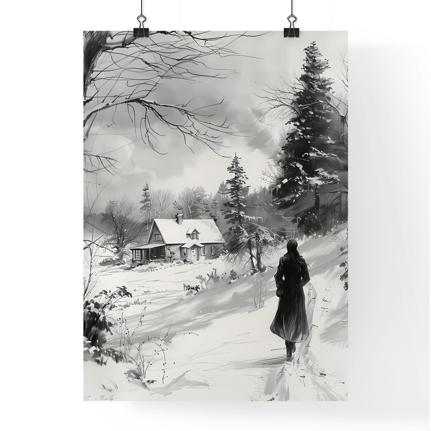 Winter Landscape Painting with Old House, Trees and Snow Scene Person Walking Default Title