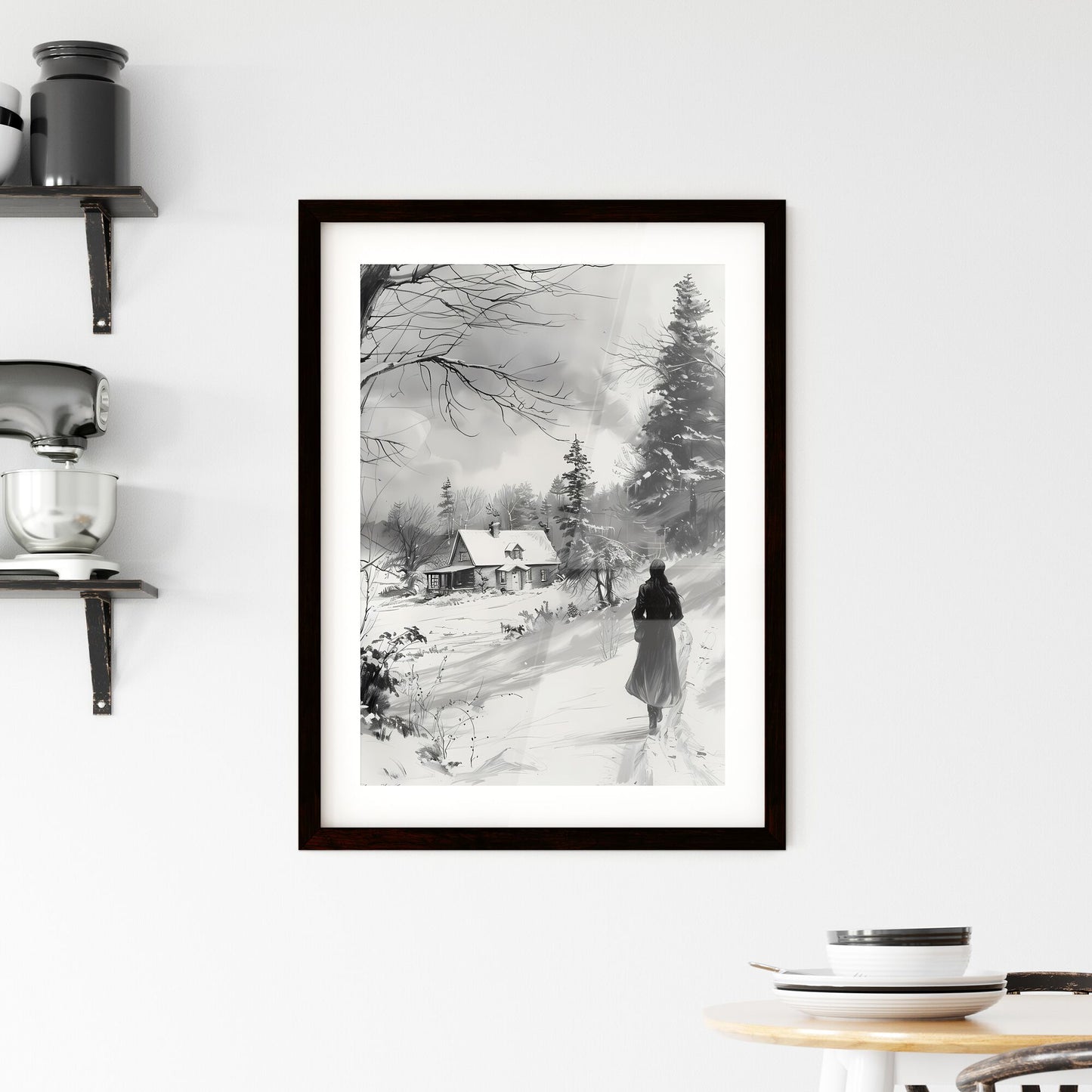 Winter Landscape Painting with Old House, Trees and Snow Scene Person Walking Default Title