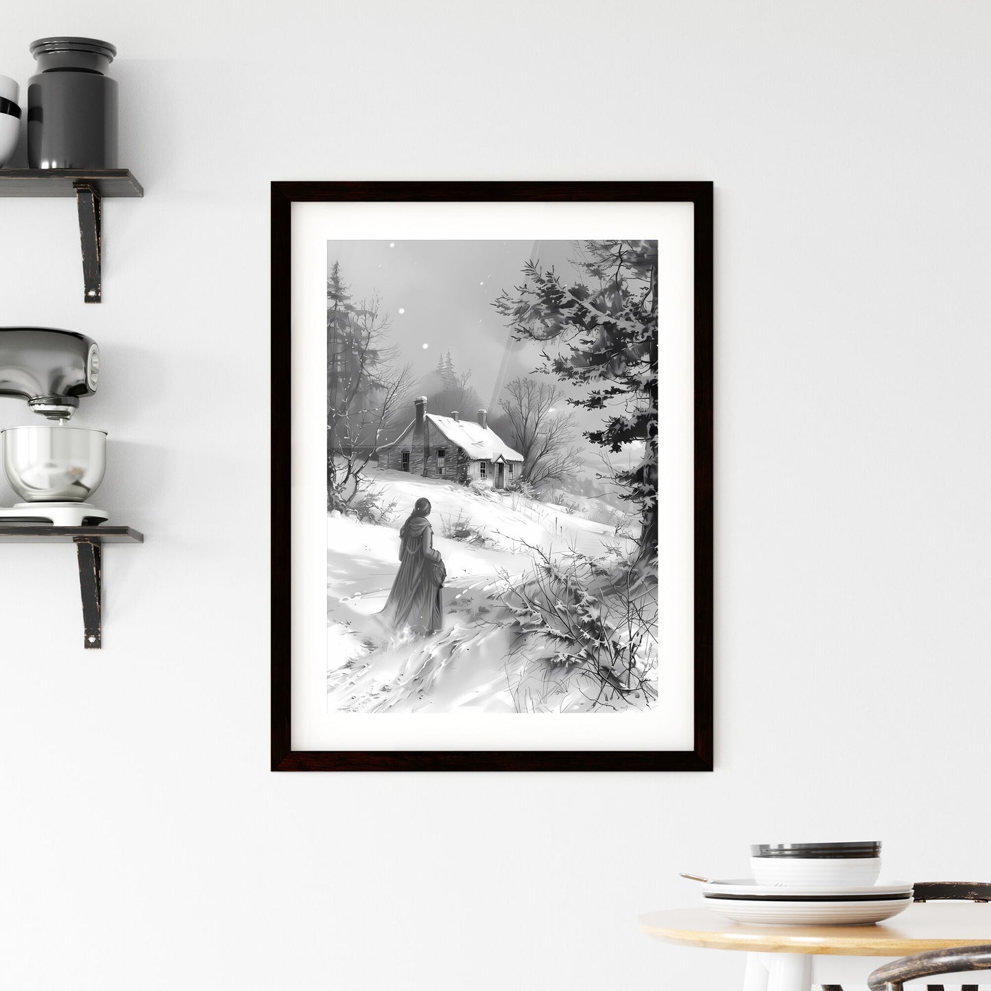 Wintry Wanderlust: Tranquil Landscape Painting of Snow-Covered Trees, Historic House, and Solitary Figure in Flowing Robe Default Title