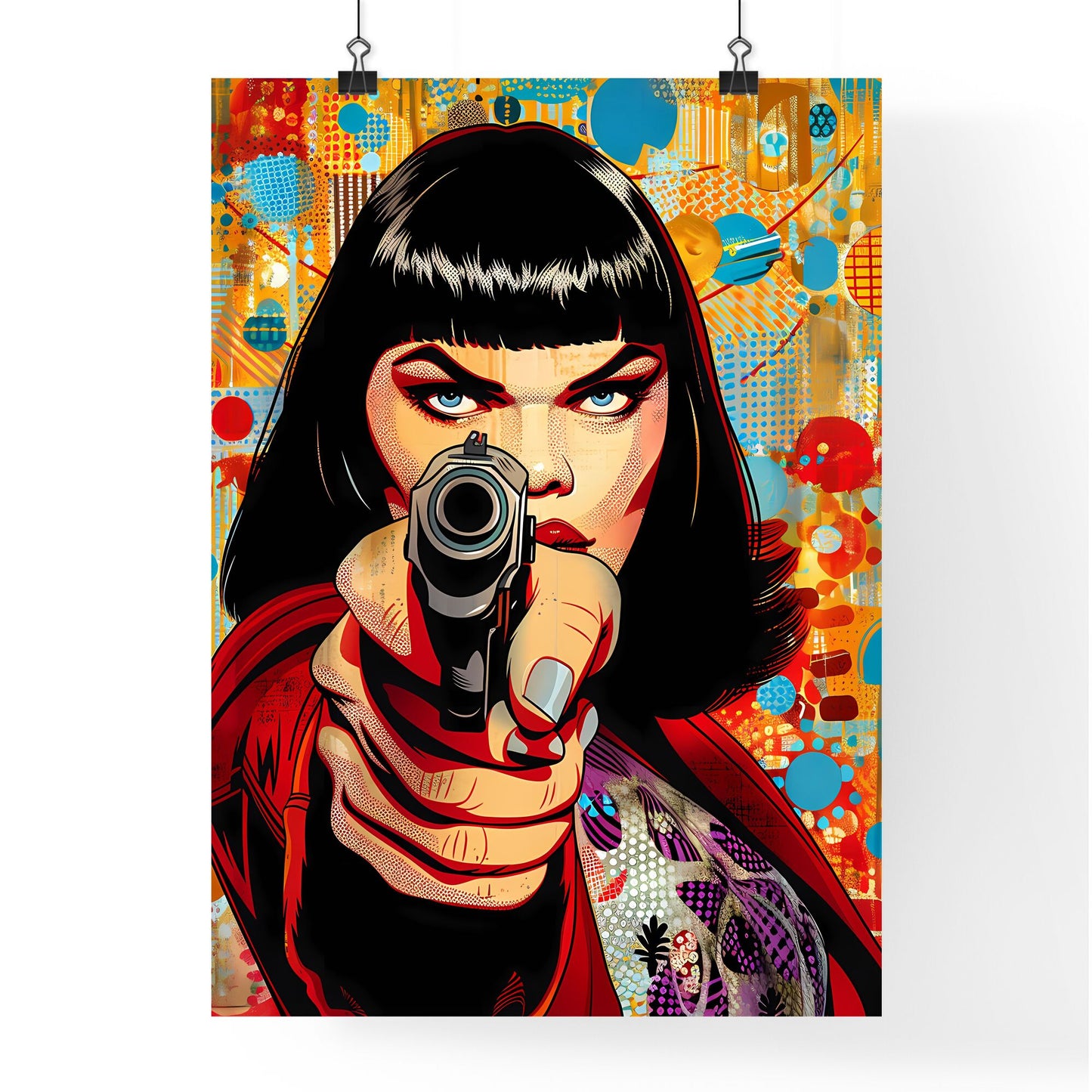 Vibrant Pop Art Woman with Gun: Hard Edge Painting Inspired by Adi Granov, Poster Art with Visibly Enlarged Print Screen Dots Default Title