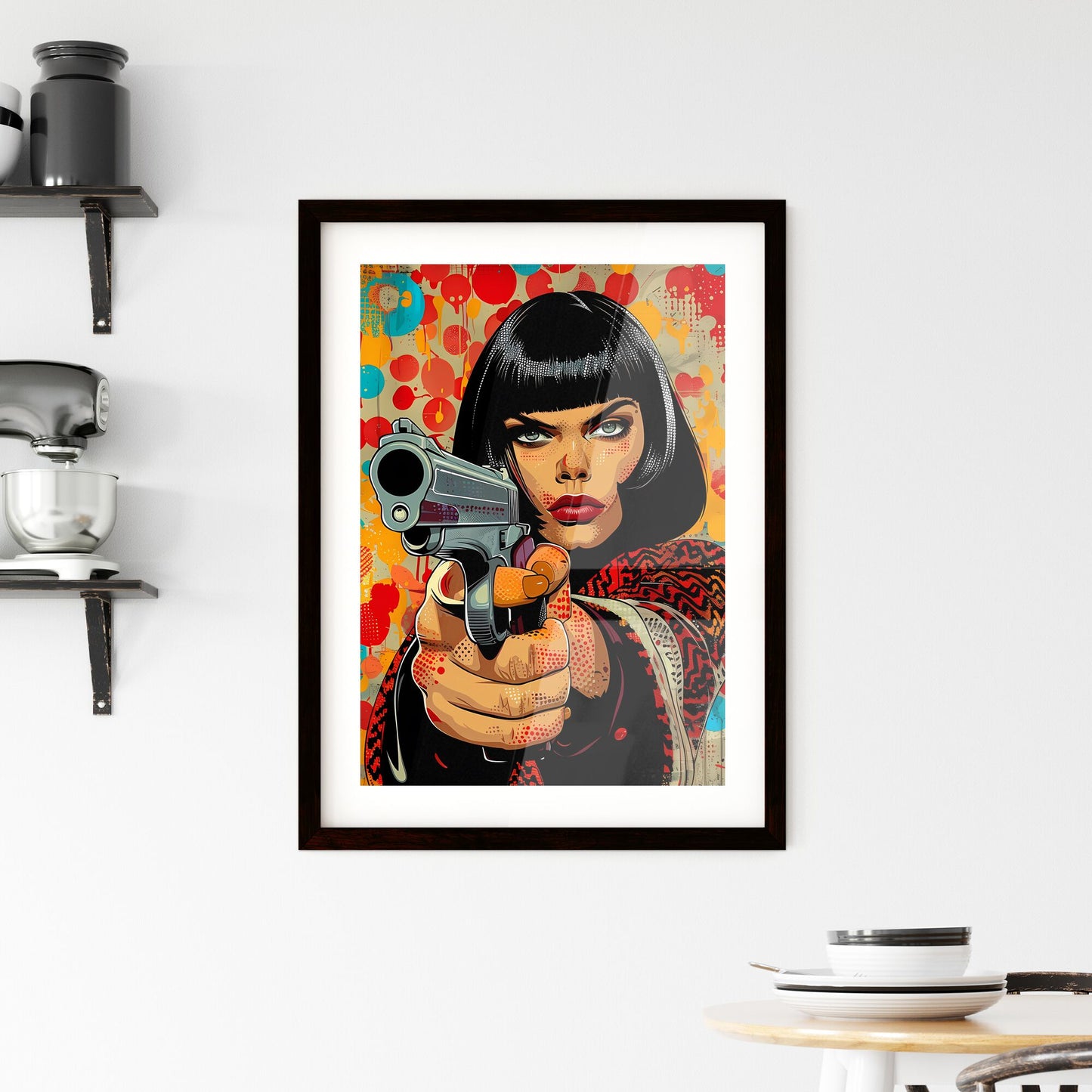 Hard Edge Pop Art Woman with Gun: Vibrant Painting Featuring Enlarged Print Screen Dots and Pop Art Color Schemes Default Title