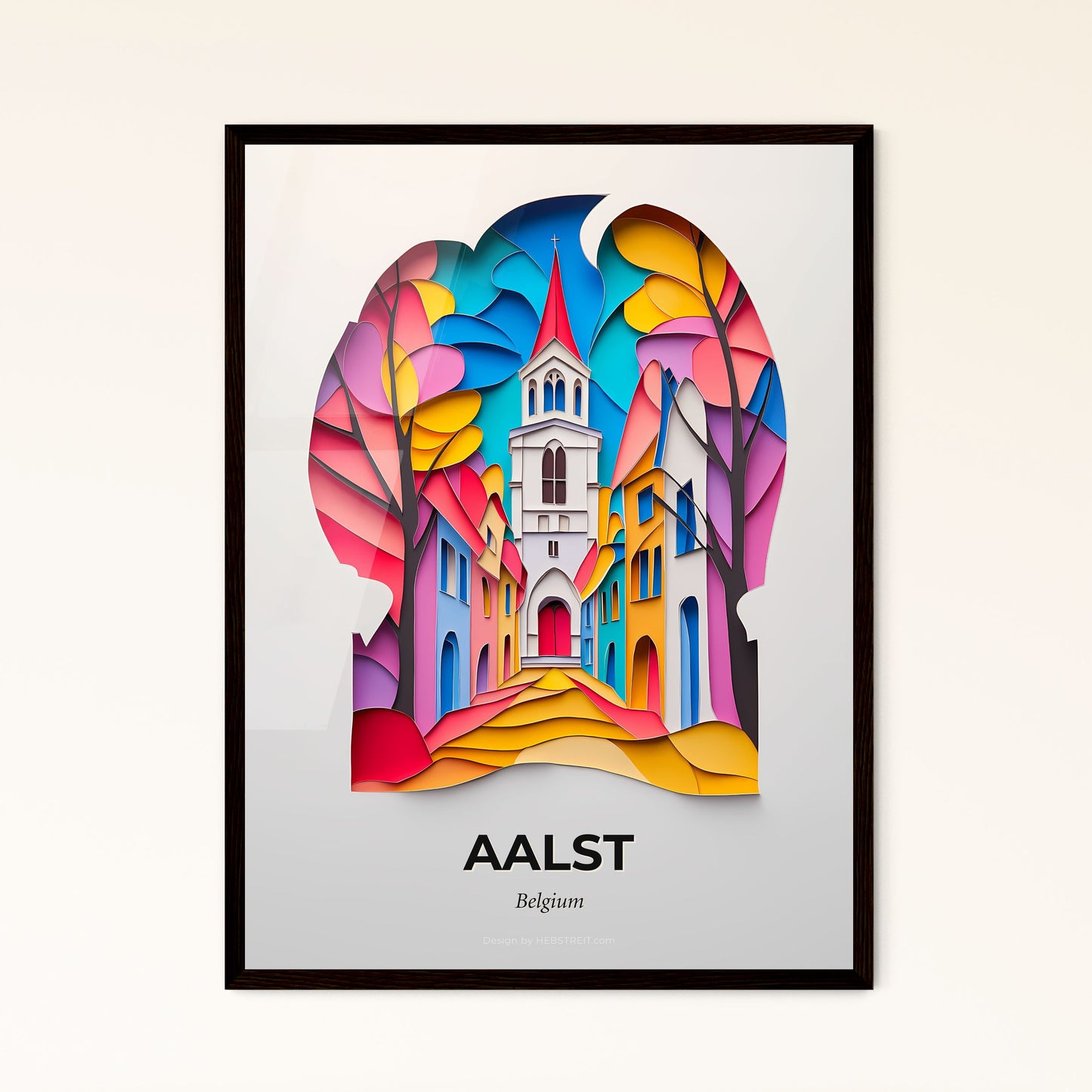 Vivid Aalst , Belgium - a colorful paper cut of a church surrounded by leaves