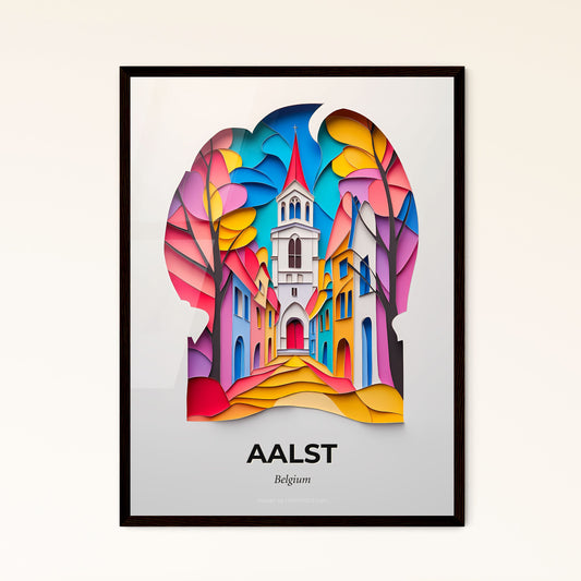 Vivid Aalst , Belgium - a colorful paper cut of a church surrounded by leaves