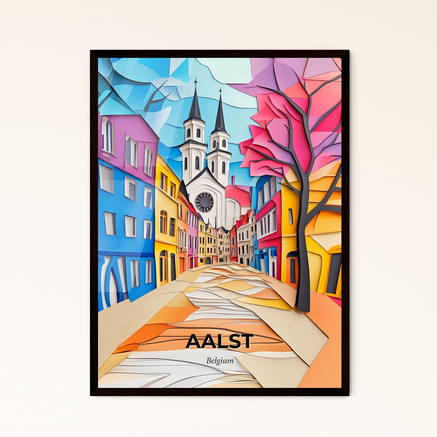 Vivid Aalst , Belgium - a colorful city street with a church in the background