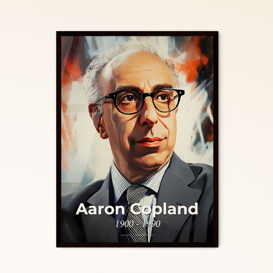 Portrait of Aaron Copland, 1900 - 1990. Impressionistic painting of a man in a suit and tie.