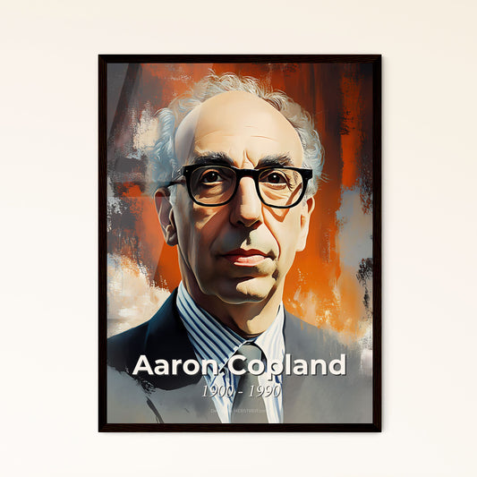 Portrait of Aaron Copland, 1900 - 1990. Impressionistic painting of a man in a suit and tie.