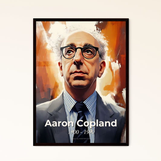 Portrait of Aaron Copland, 1900 - 1990. Impressionistic painting of a man in a suit and tie.