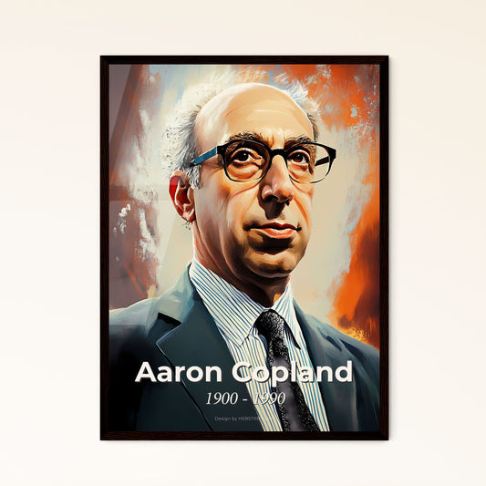 Portrait of Aaron Copland, 1900 - 1990. Impressionistic painting of a man in a suit and tie.