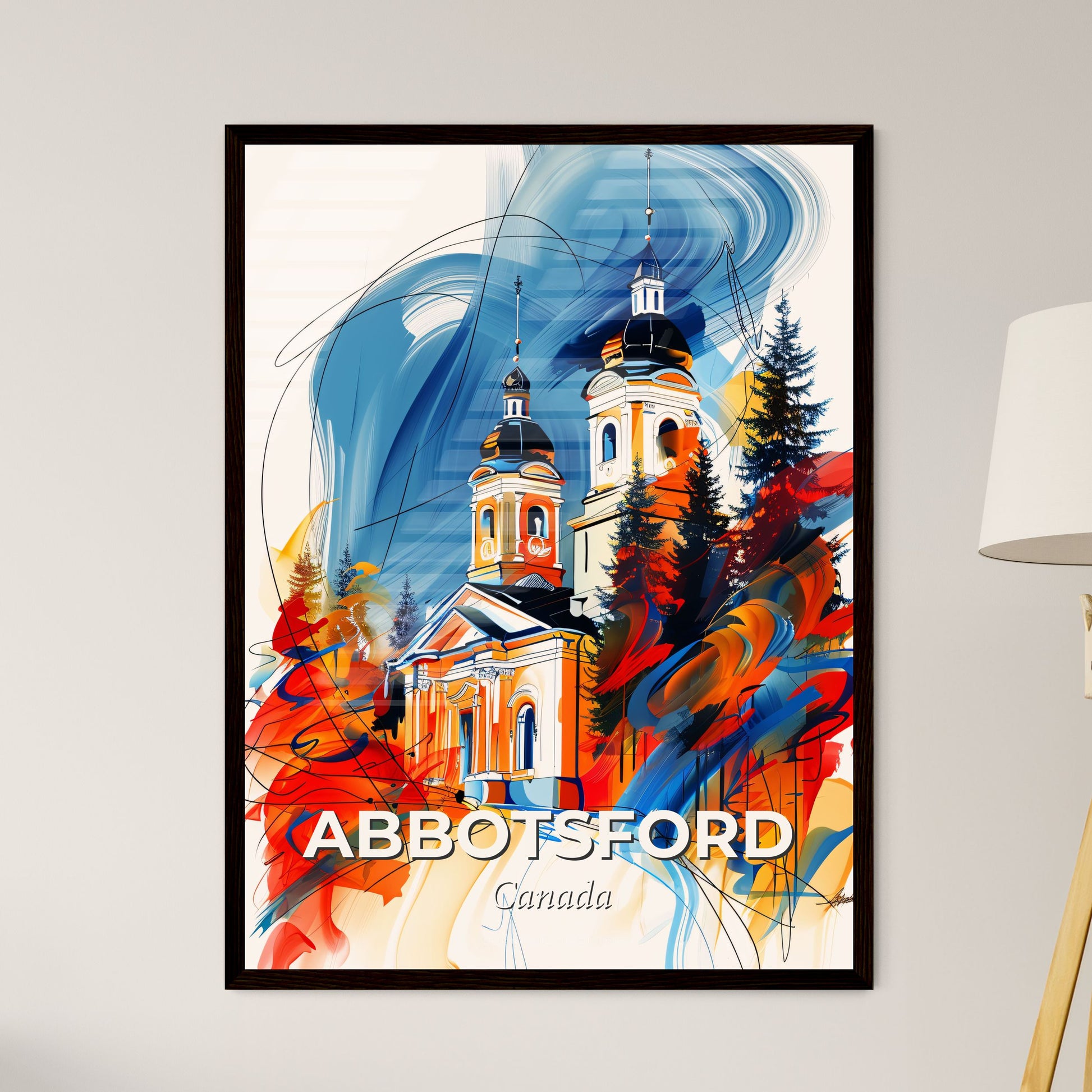 Vibrant Abbotsford, Canada - A Painting Of A Church With Trees And A Blue And Yellow Background