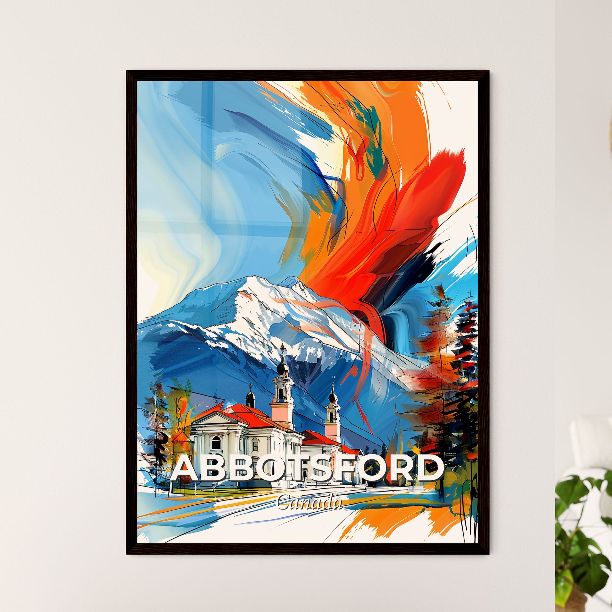 Vibrant Abbotsford, Canada - A Painting Of A Church With A Mountain In The Background