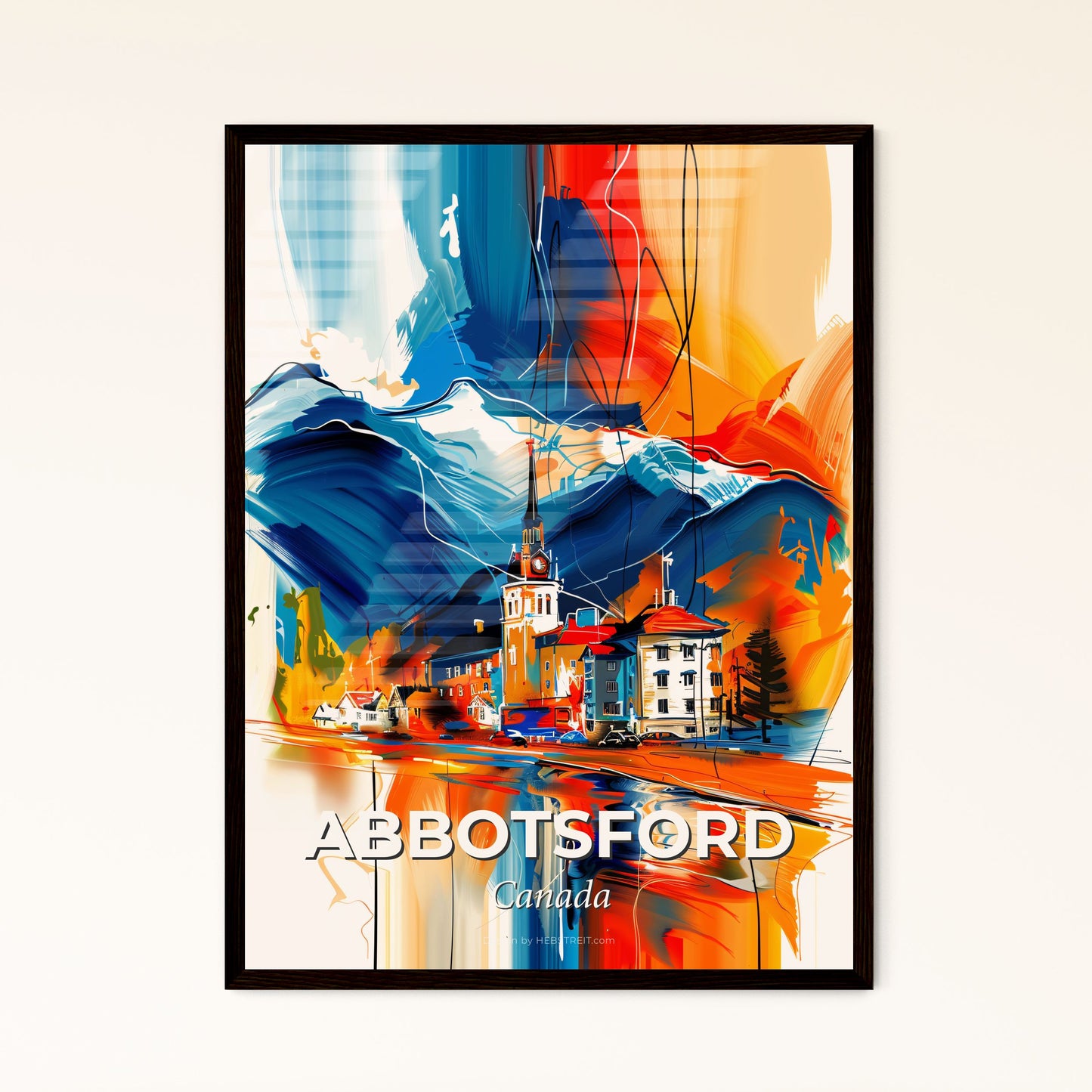 Vibrant Abbotsford, Canada - A Painting Of A Building And Mountains