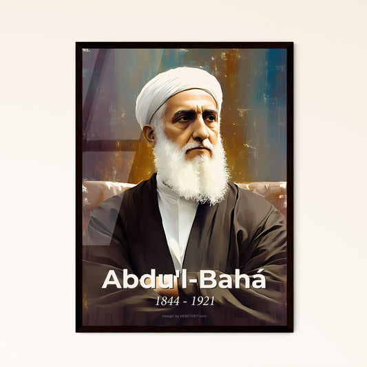 Portrait of Abdu'l-Bahá, 1844 - 1921. Impressionistic painting of a man with a white beard.