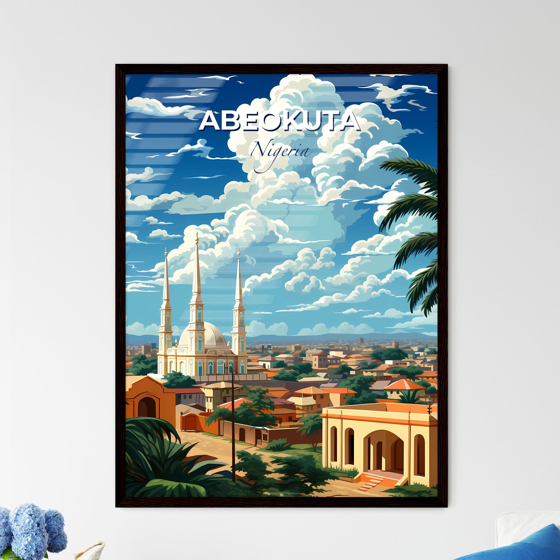 Vibrant Cityscape Painting of Abeokuta Nigeria Skyline with Buildings and Palm Trees Default Title