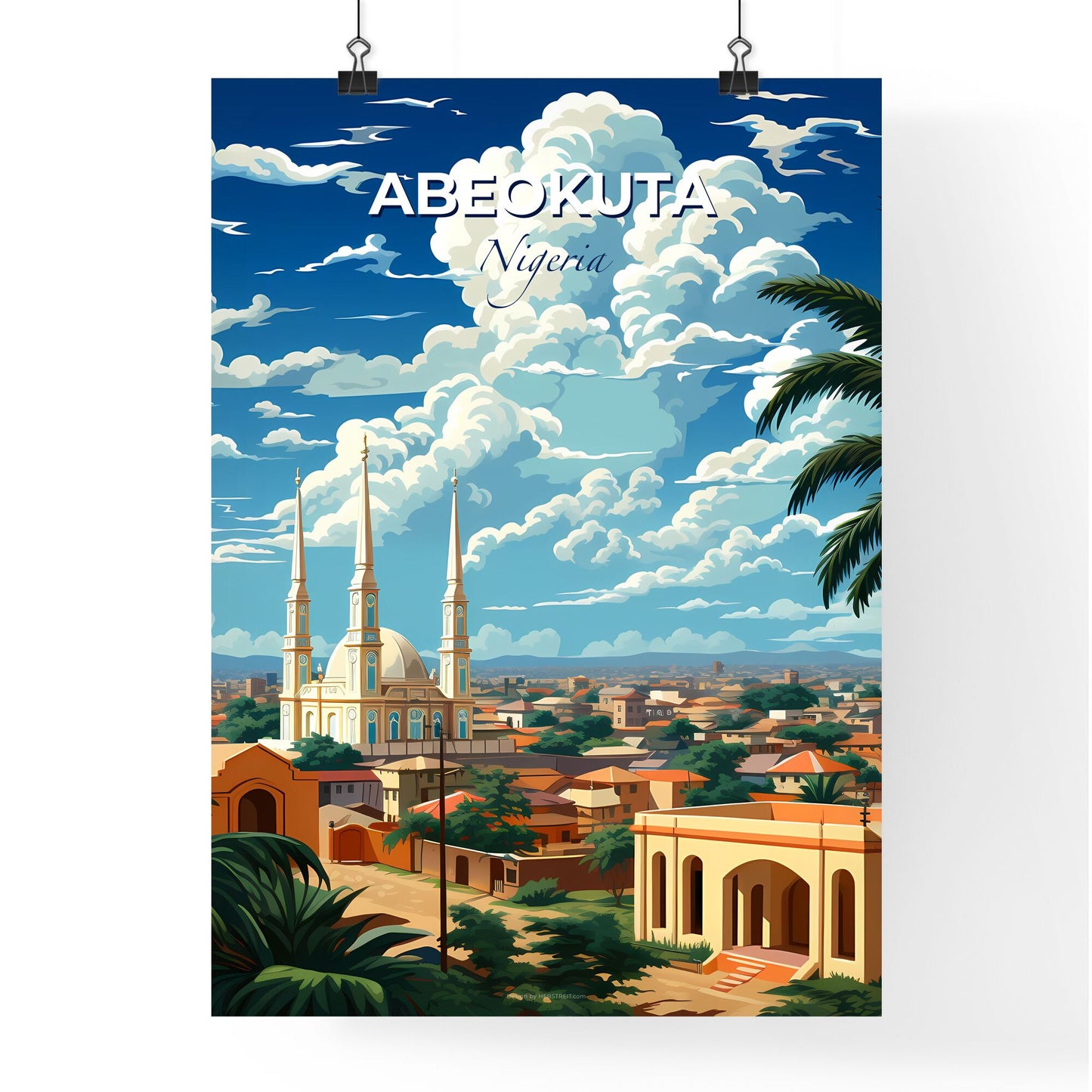 Vibrant Cityscape Painting of Abeokuta Nigeria Skyline with Buildings and Palm Trees Default Title