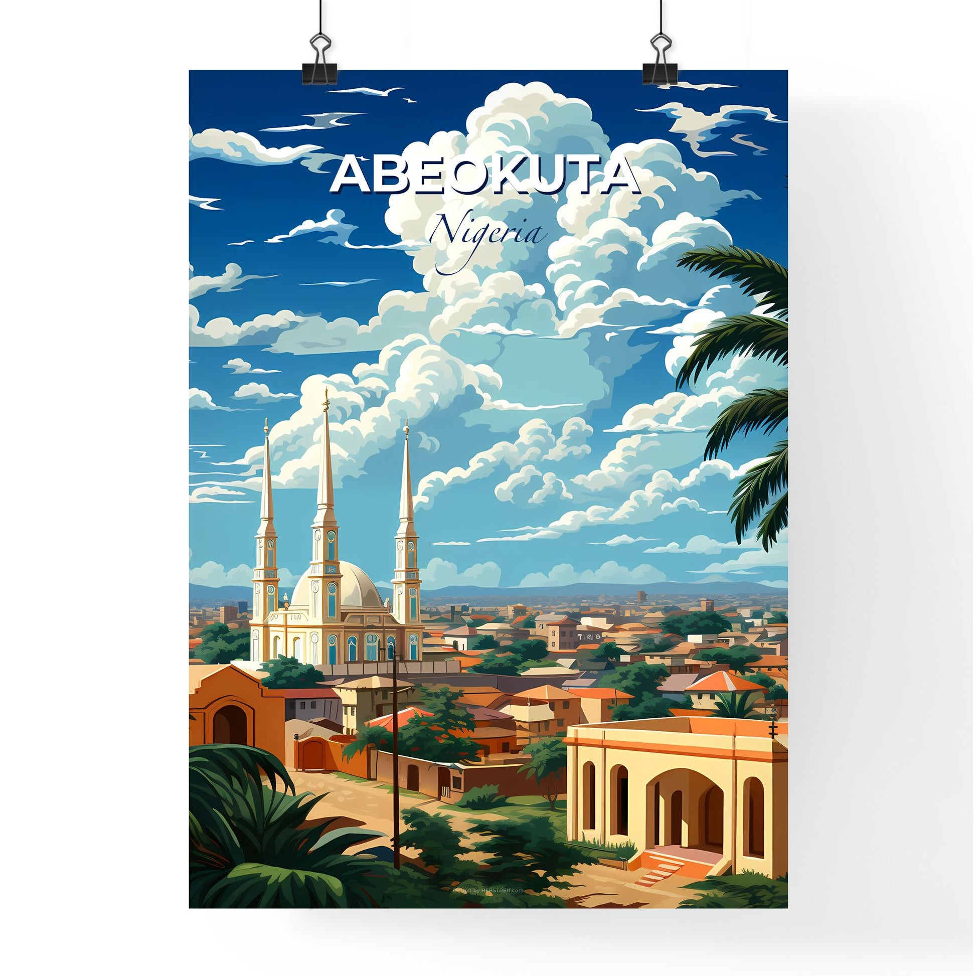 Vibrant Cityscape Painting of Abeokuta Nigeria Skyline with Buildings and Palm Trees Default Title