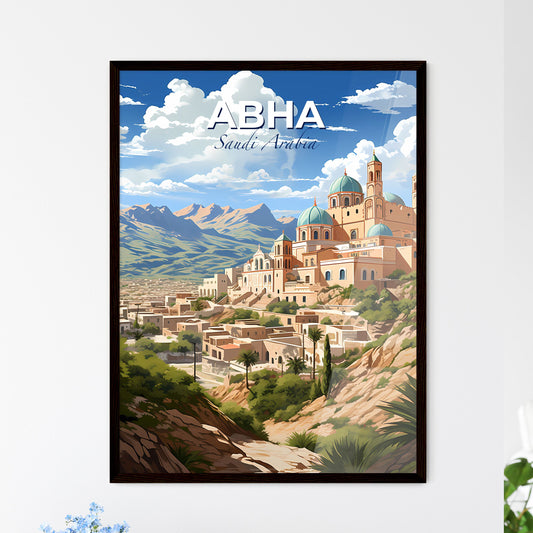 Artistic Skyline of Abha Saudi Arabia, Vibrant Painted Cityscape Featuring Blue Dome and Hilltop Architecture Default Title