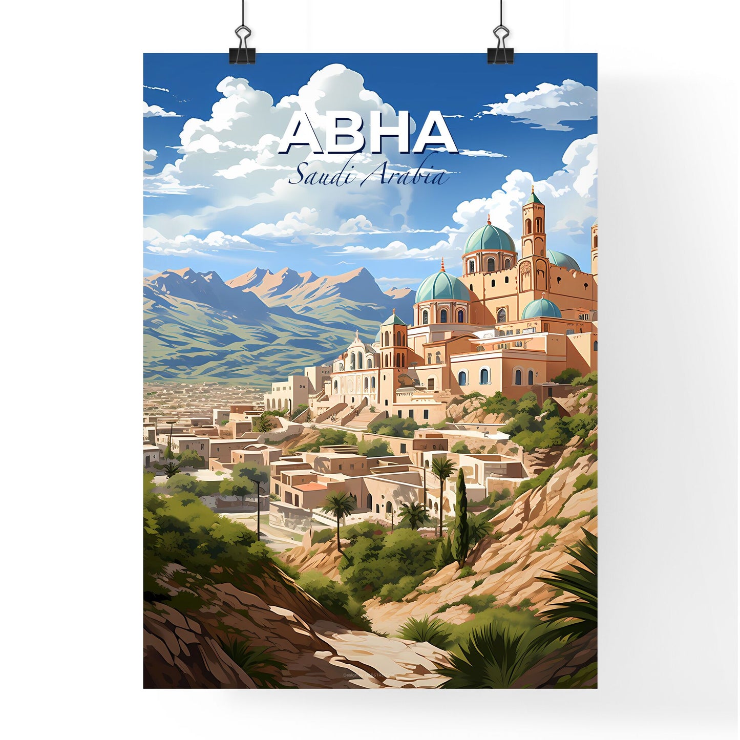 Artistic Skyline of Abha Saudi Arabia, Vibrant Painted Cityscape Featuring Blue Dome and Hilltop Architecture Default Title