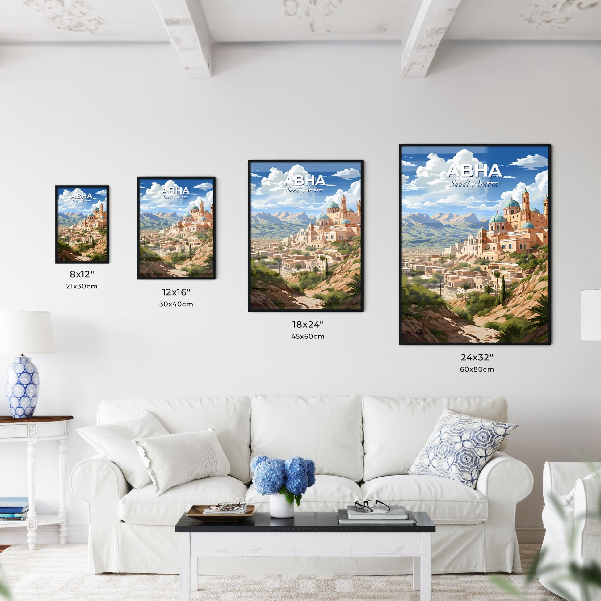 Artistic Skyline of Abha Saudi Arabia, Vibrant Painted Cityscape Featuring Blue Dome and Hilltop Architecture Default Title