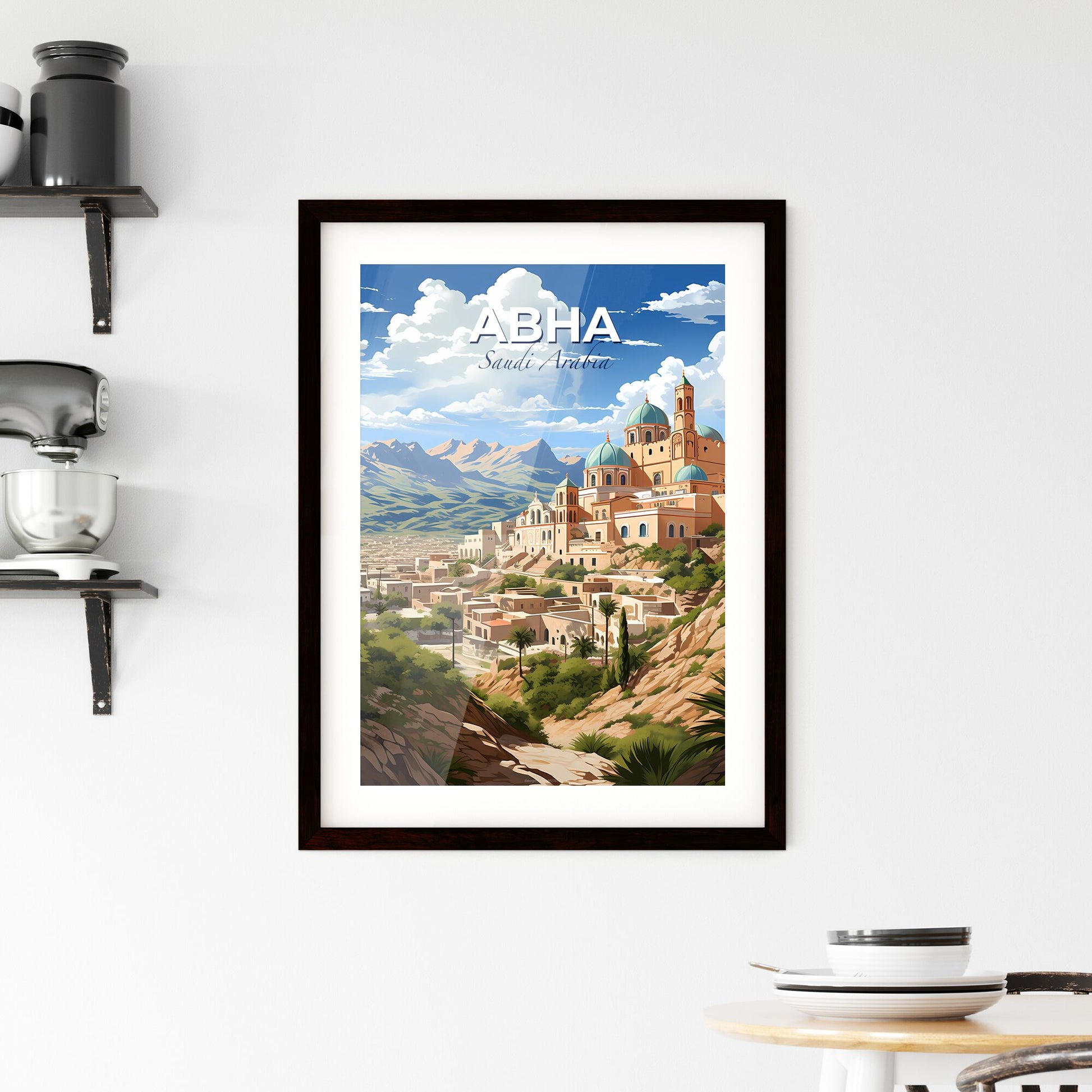 Artistic Skyline of Abha Saudi Arabia, Vibrant Painted Cityscape Featuring Blue Dome and Hilltop Architecture Default Title