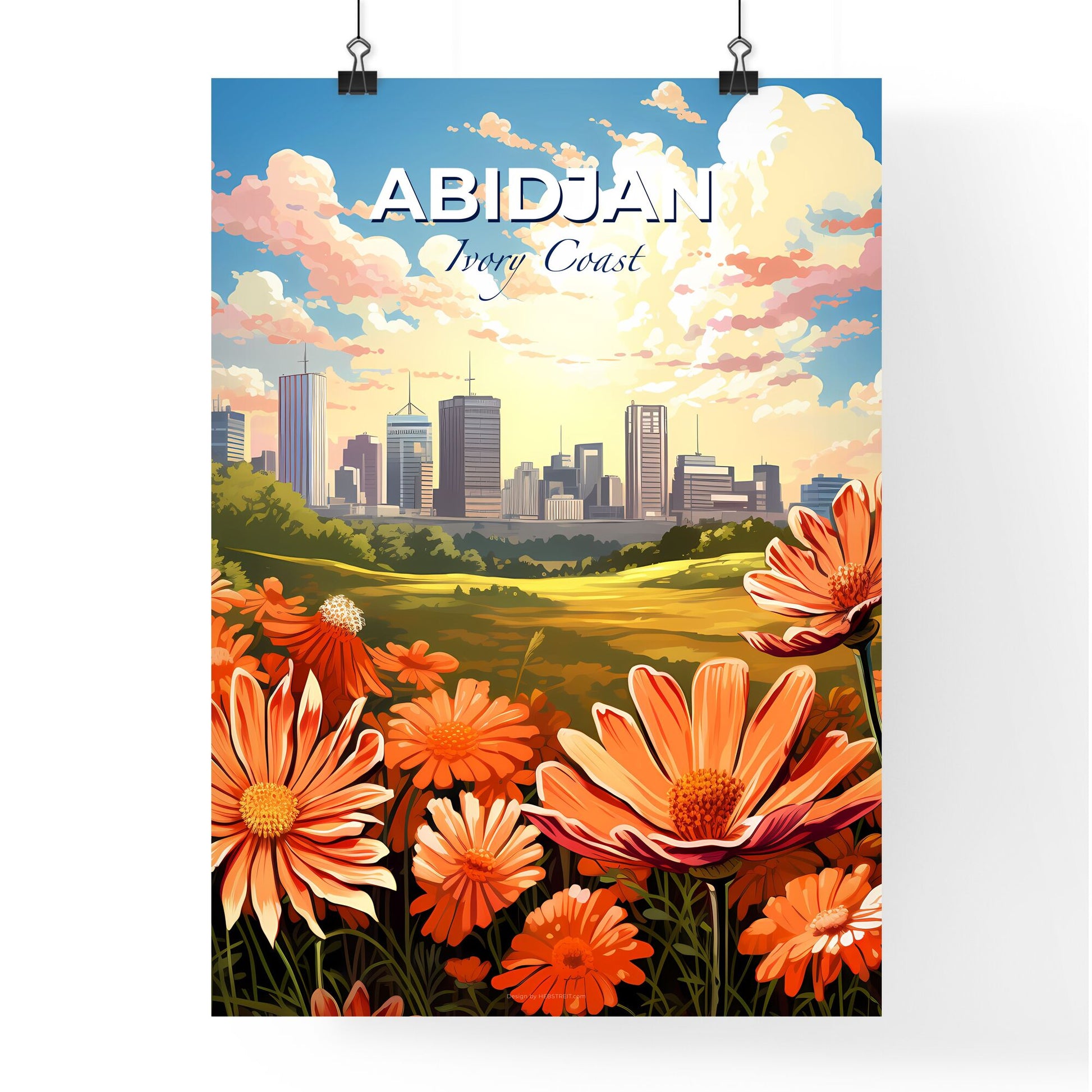 Abidjan Ivory Coast Skyline - Vibrant Painting of Cityscape with Orange Floral Field in the Foreground Default Title
