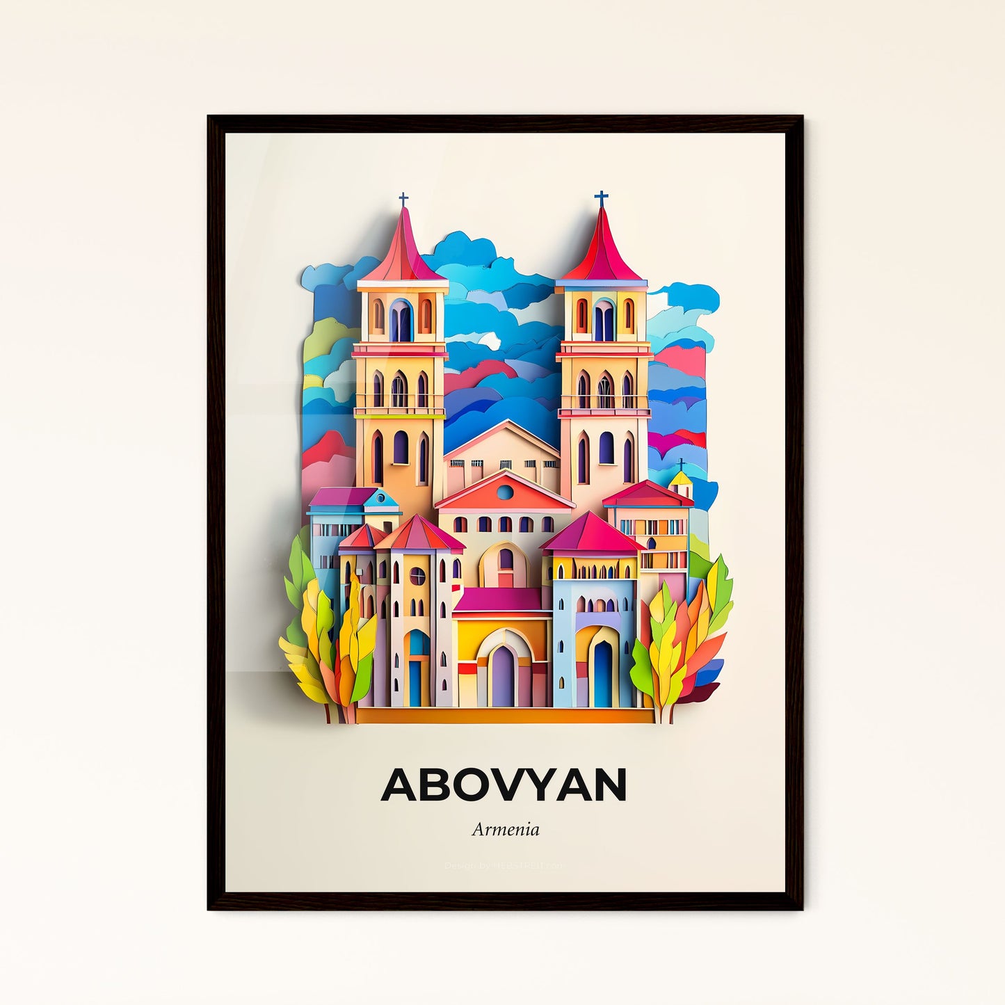 Vivid Abovyan, Armenia - a paper cut of a church with a sky background