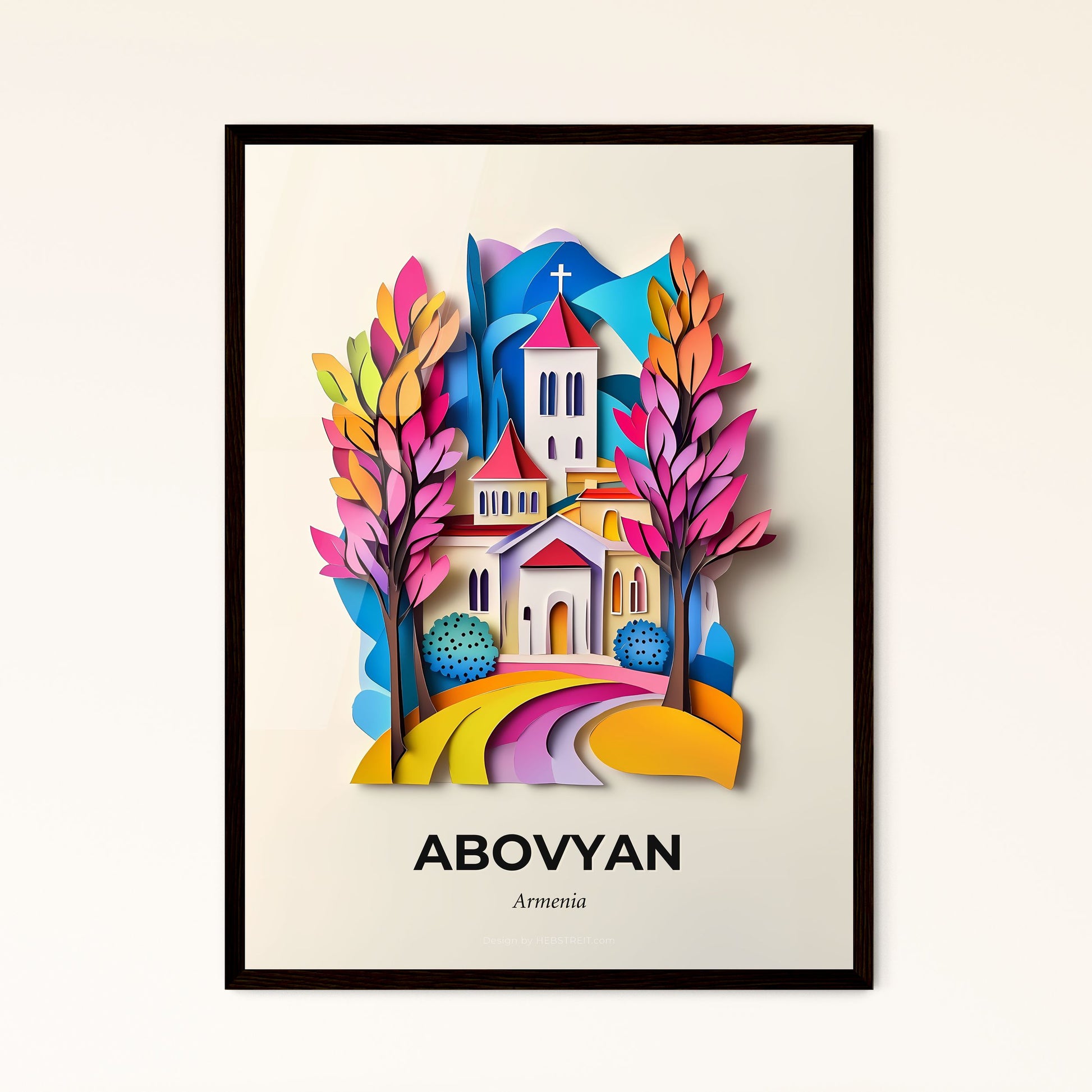 Vivid Abovyan, Armenia - a paper cut of a church with trees