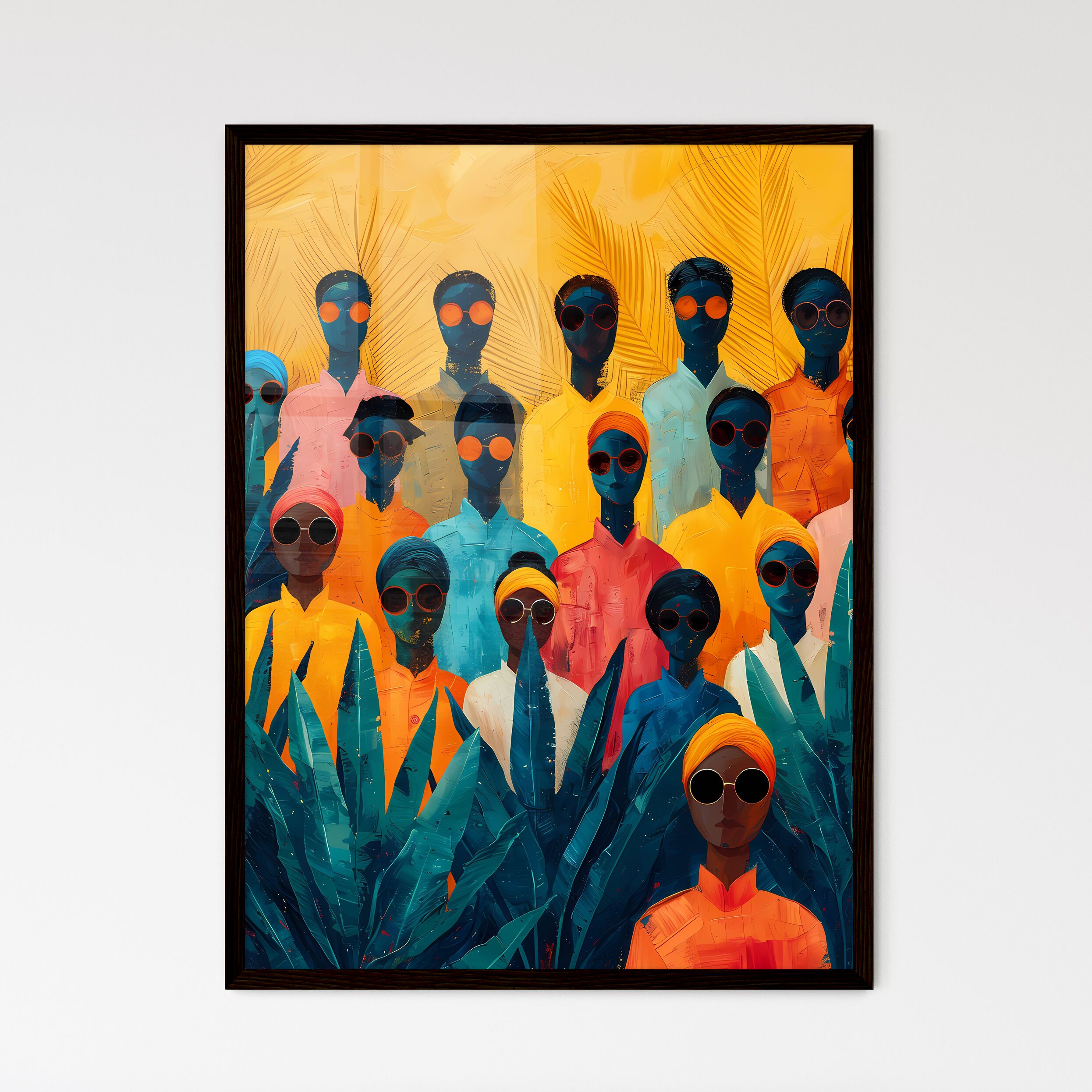 Vibrant Modern African Art Depicting Men and Women in Urban Jungle