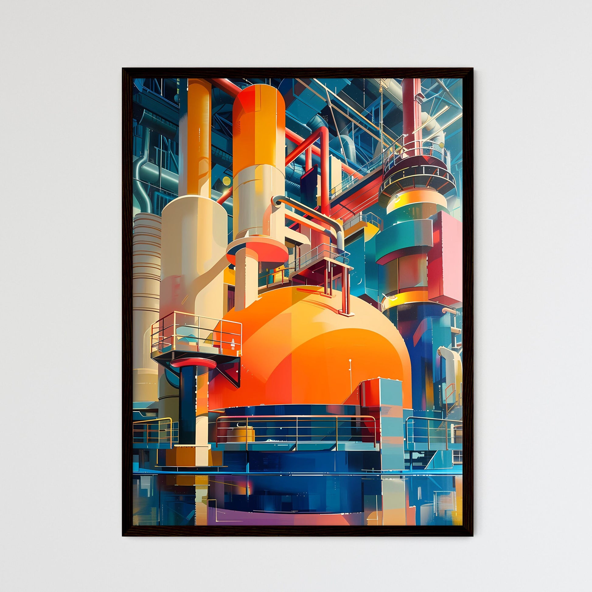 Modern Industrial Art: Abstract Painting of Geometric Shapes, Orange and Blue Machine, Printing Press, Raster Framed Art