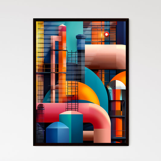 Industrial Pop Art Painting: Abstract Geometric Pipeline Scene with Process Colors, Raster Effect Framed Art