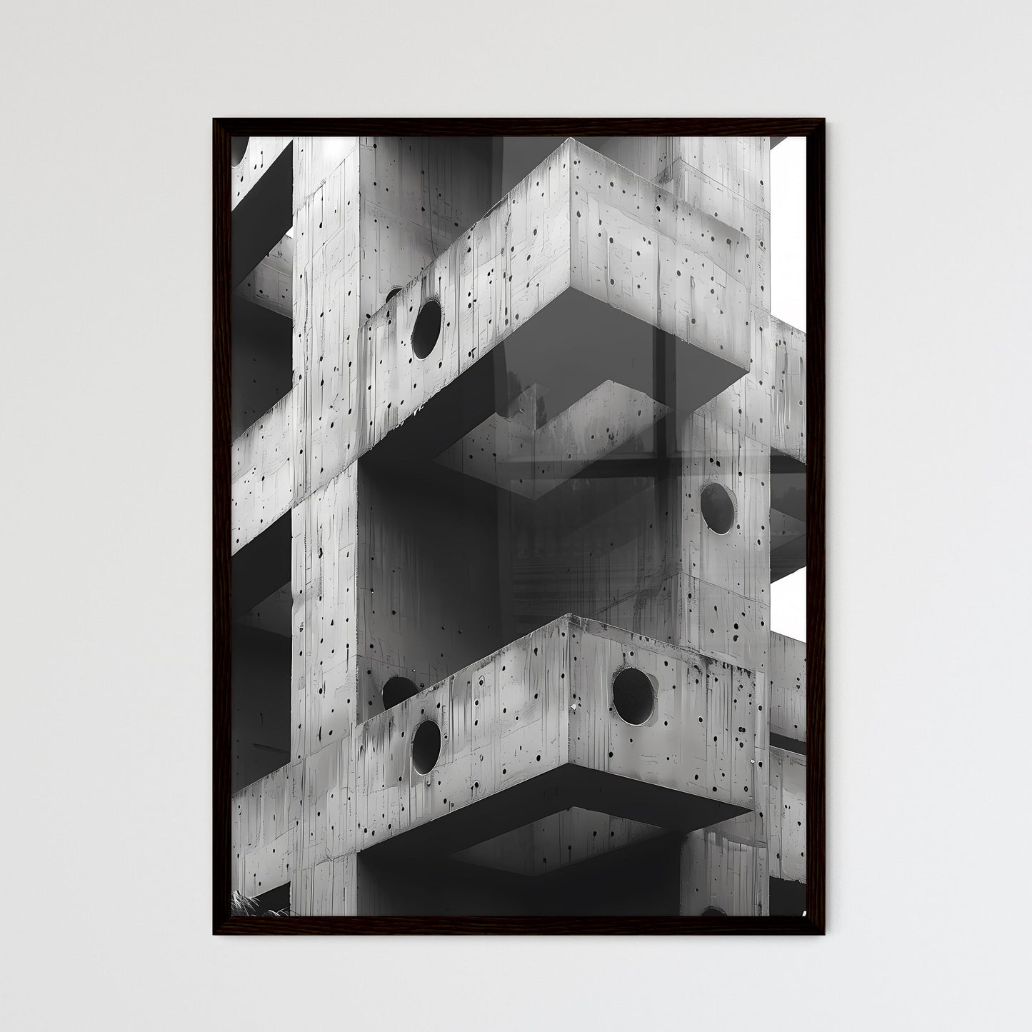 Abstract Concrete Building Structure with Colorful Artwork, Close-up of Urban Architectural Detail in Brutalism Style Framed Art