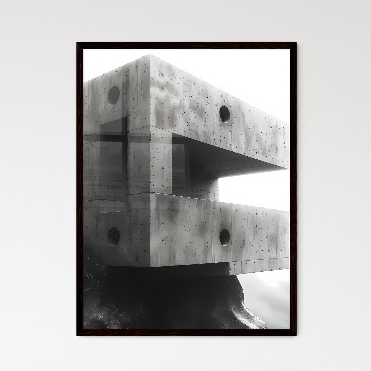 Vibrant Painting Displaying Abstract Brutalist Architecture with Concrete Walls and Intricate Hole Patterns Framed Art