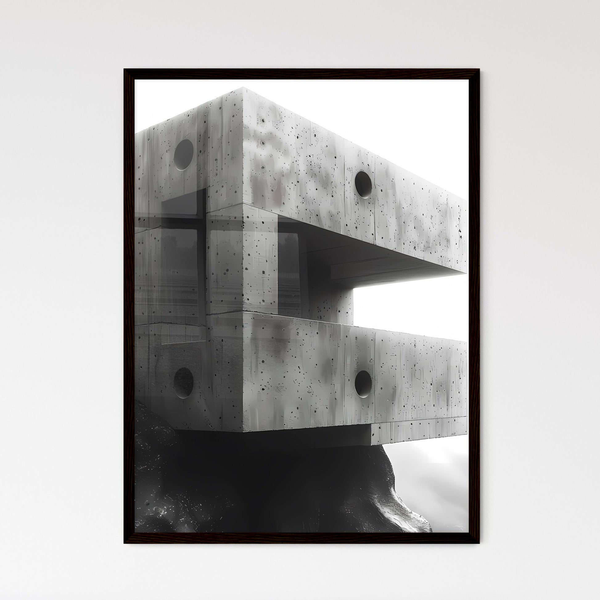 Vibrant Painting Displaying Abstract Brutalist Architecture with Concrete Walls and Intricate Hole Patterns Framed Art