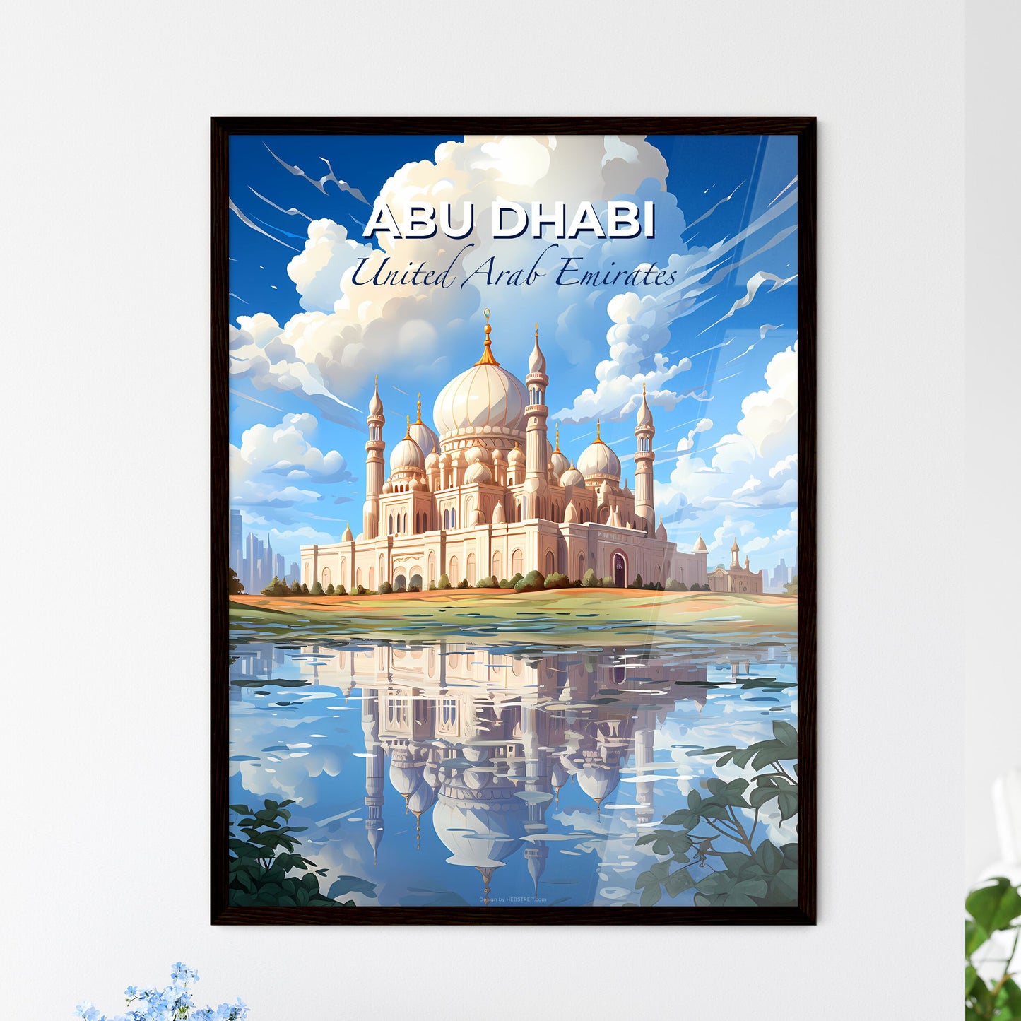 Abu Dhabi Cityscape Painting: Vibrant Skyline with Domed Building and Reflective Pond Default Title