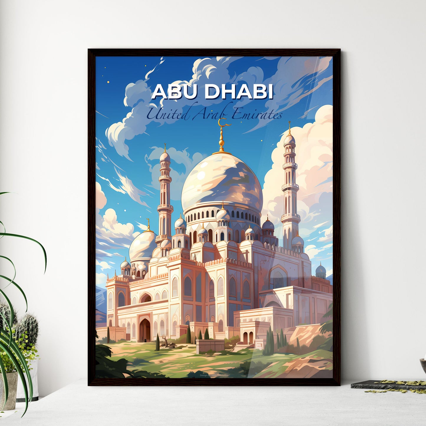 Vibrant Painting of Abu Dhabi Skyline Featuring Domes and Tower Default Title