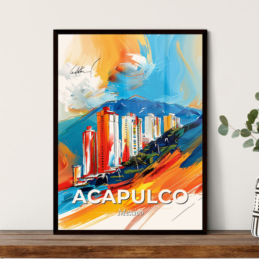 Vibrant Acapulco, Mexico - A Painting Of A Skyline With A Colorful Building