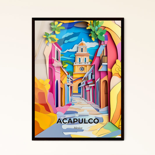 Vivid Acapulco, Mexico - a colorful street with a clock tower in the middle