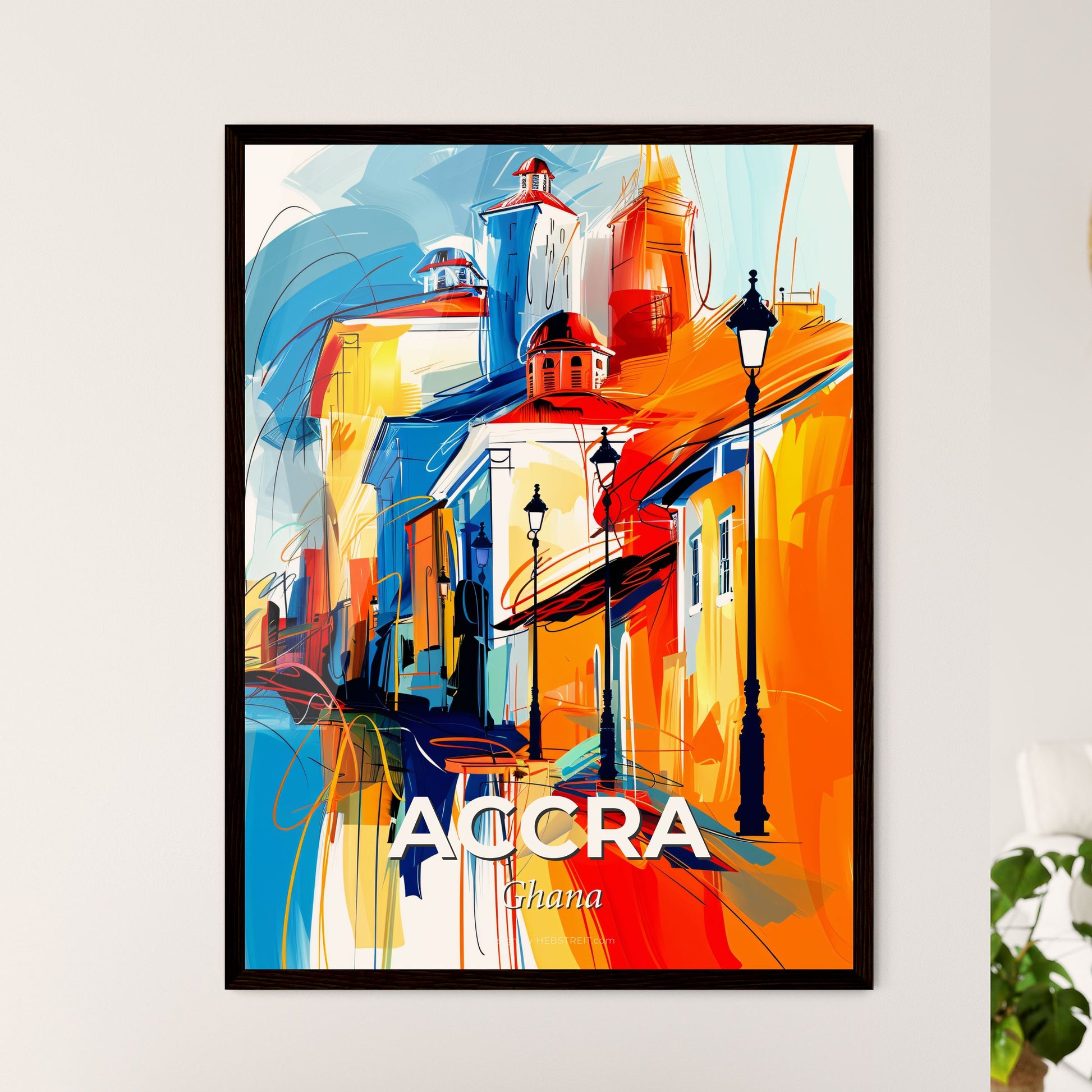 Vibrant Accra, Ghana - A Painting Of A Street With Buildings And Street Lights