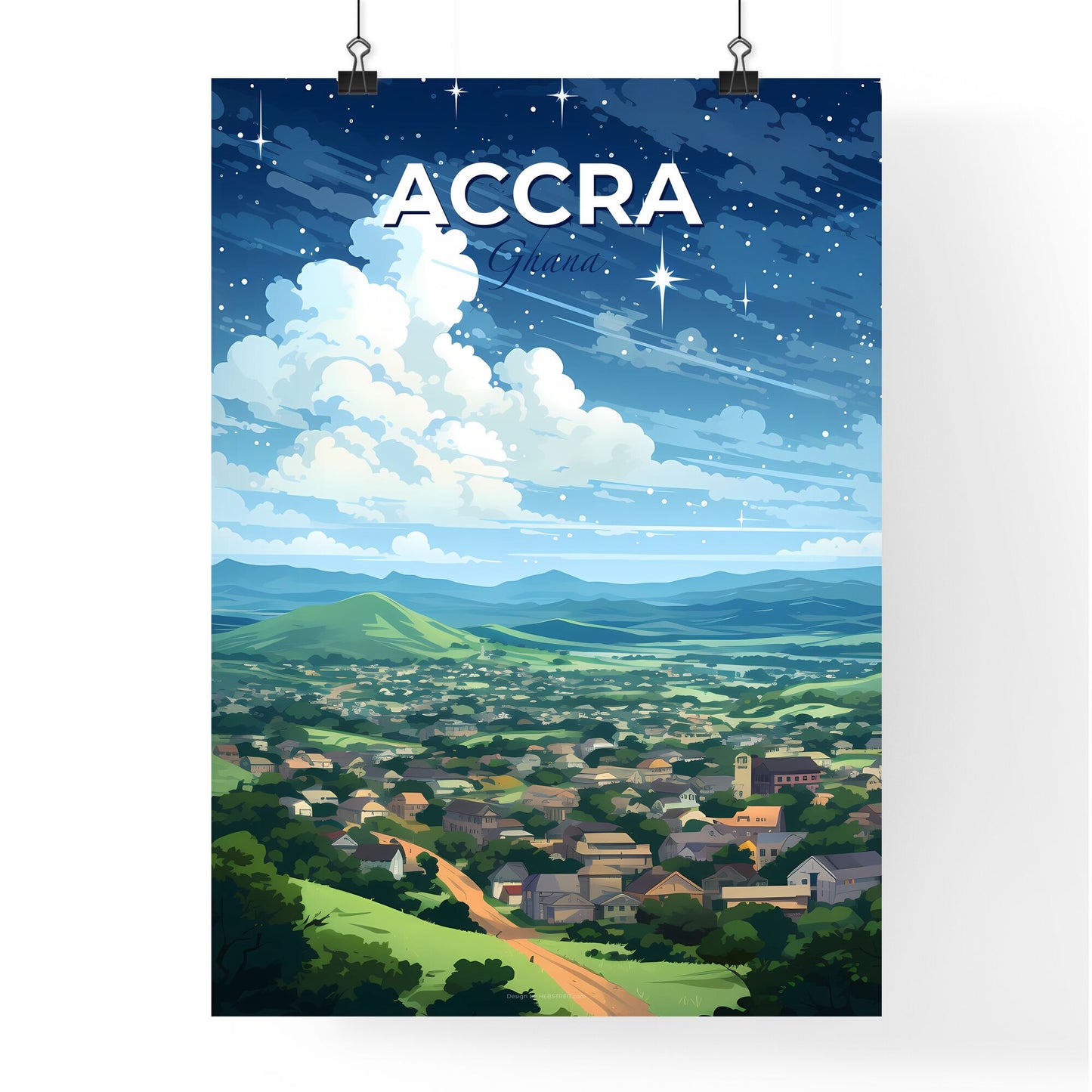 Accra Hills Landscape Ghana Canvas Art Painting Modern City Skyline Stars Artistic Default Title