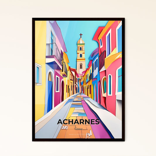 Vivid Acharnes, Greece - a painting of a street with a clock tower